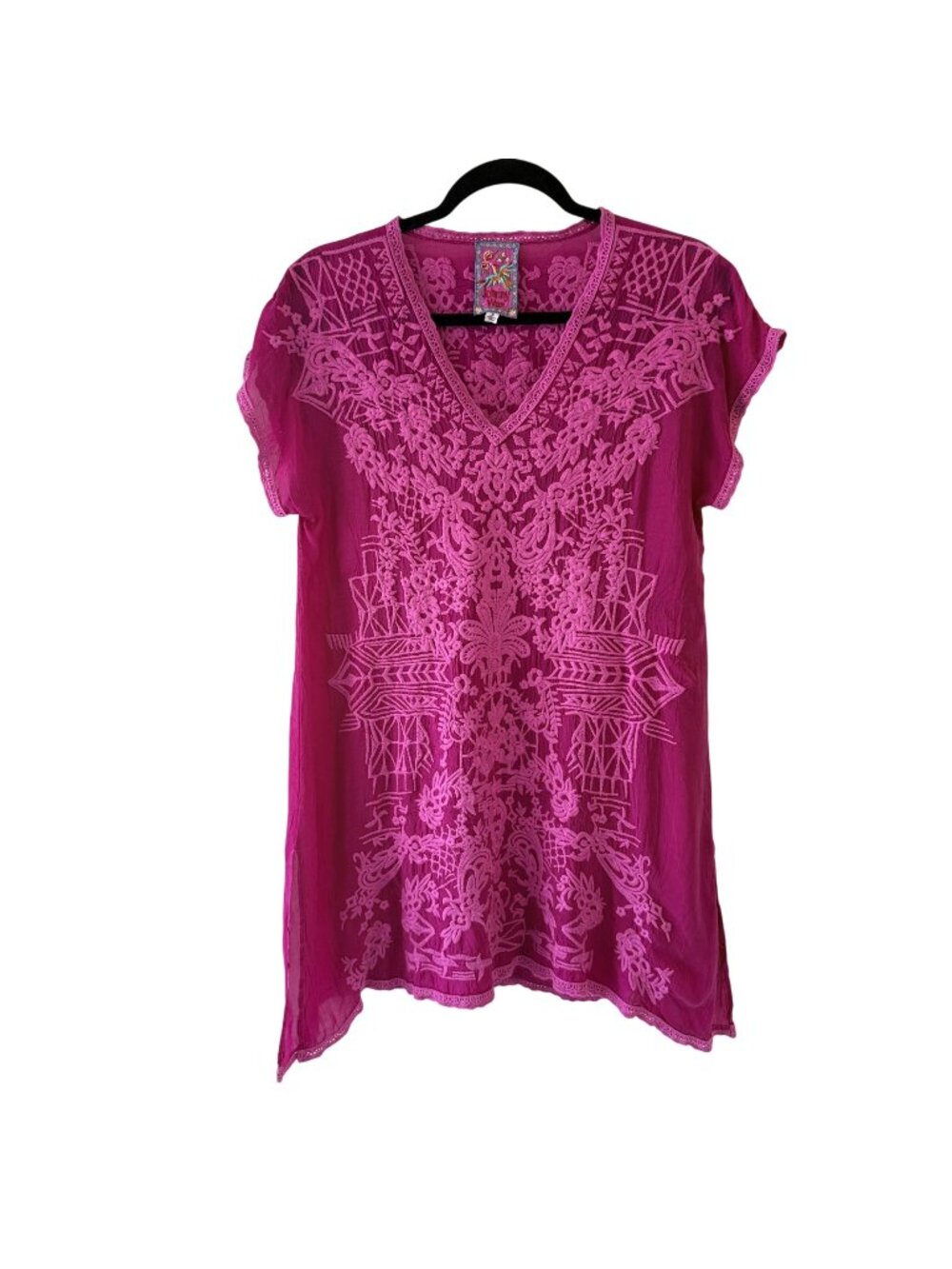 Johnny Was Pink Embroidered Floral Tunic Top V-Neck Cap Sleeve Size S Fuschia